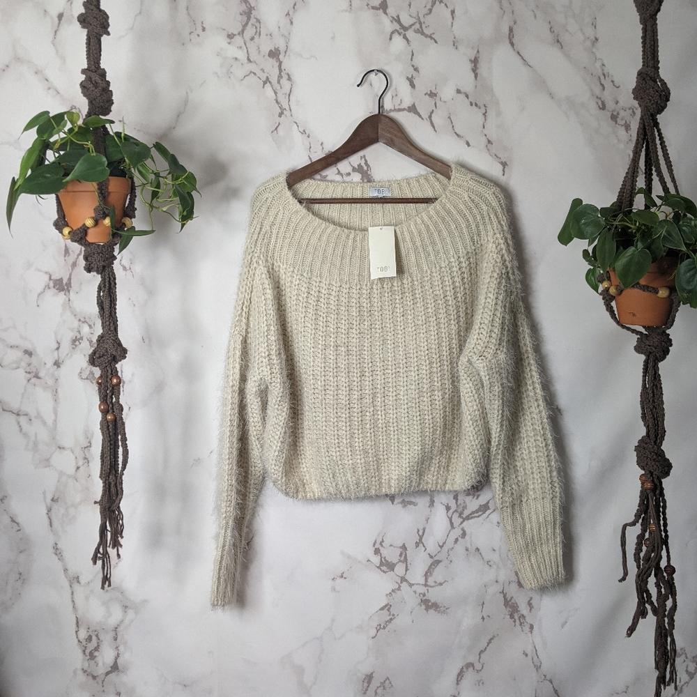 Tobi Sweater Womens Large cropped mohair style eyelash cream Slouchy Off Whitw